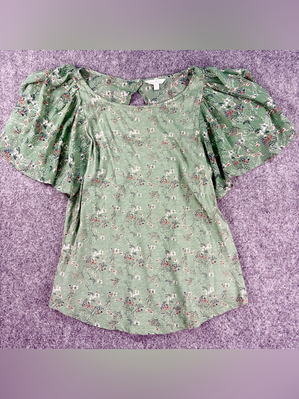 Lucky Brand Green Floral Flutter Sleeve Blouse